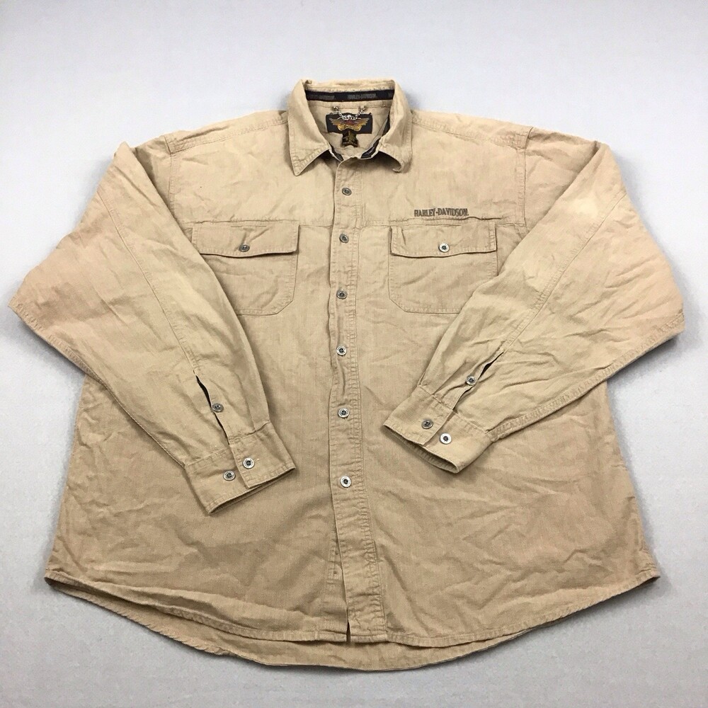 Harley Davidson Shirt Men Extra Large Beige Button Up Flap Pockets XL *